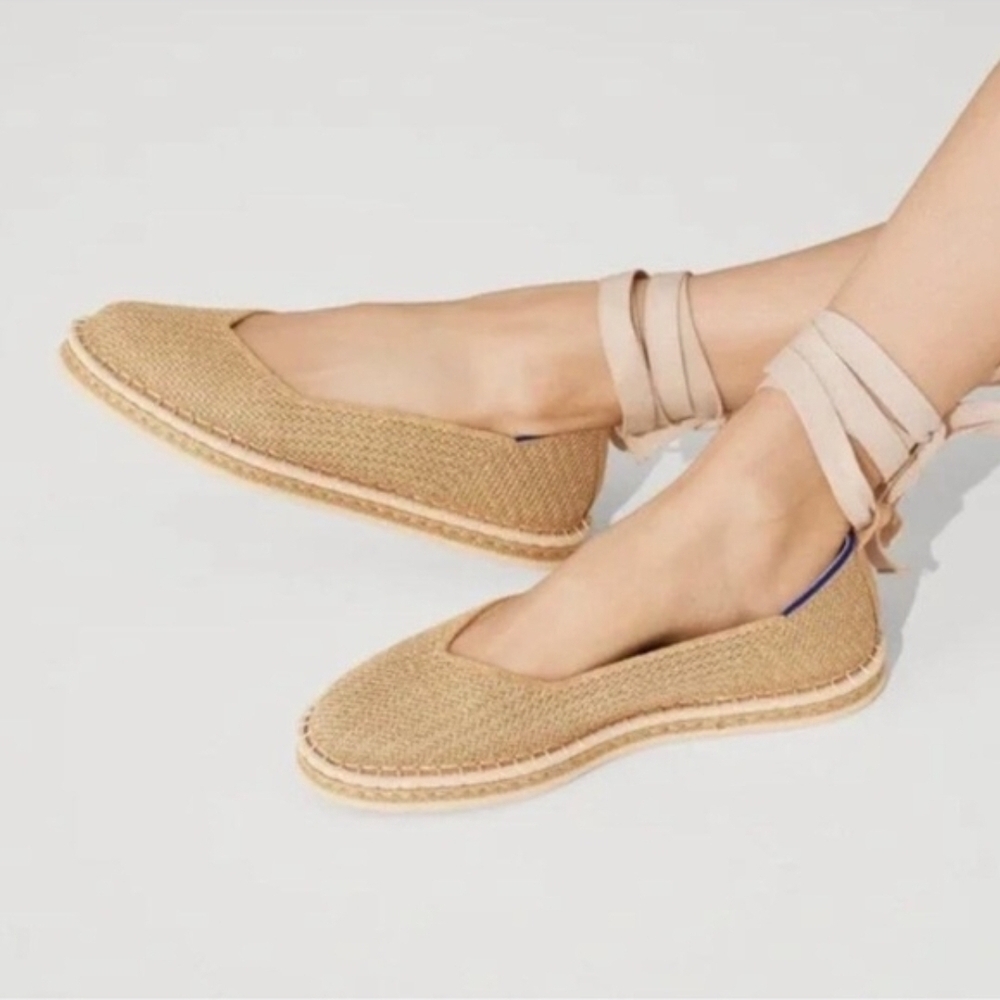 Rothy's Gold Stripe Tan Espadrille Flats, Size 9